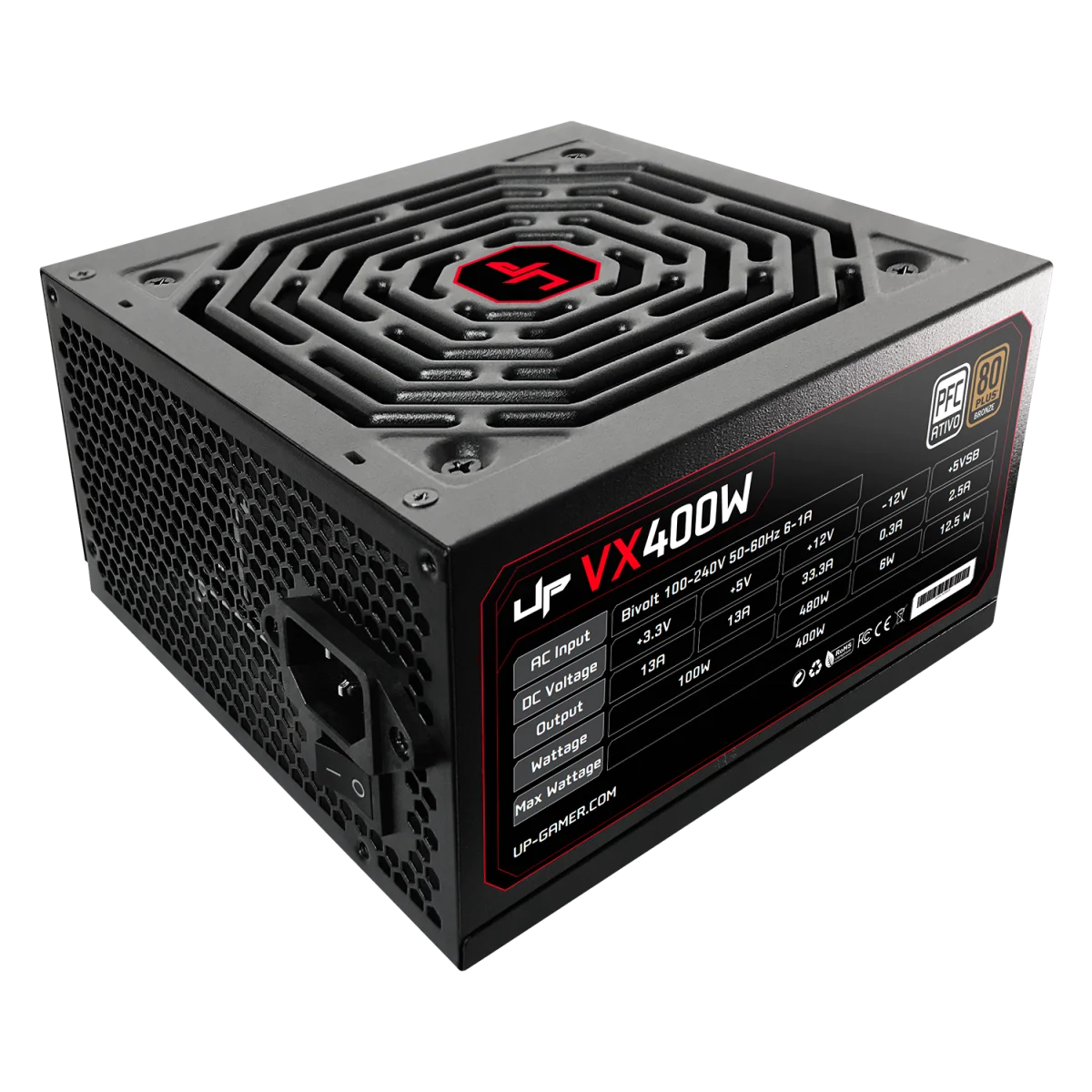 Fonte UP Gamer VX400 400W 80 Plus Bronze PFC Ativo c/Cabo Black